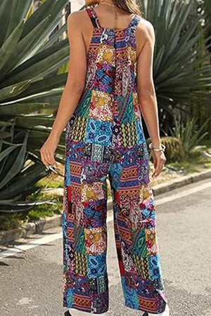 Bohemian Fantasy Overalls colorful patchwork wide-leg sleeveless cotton blend jumpsuit for women
