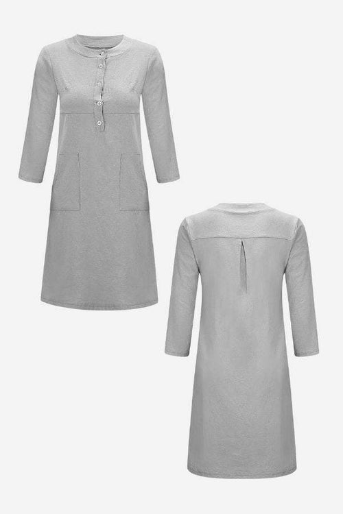 Gray cotton dress with 3/4 sleeves, button front, collar, and pockets shown from front and back