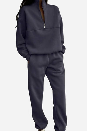 Women's navy cotton-blended two-piece tracksuit with high collar and zipper