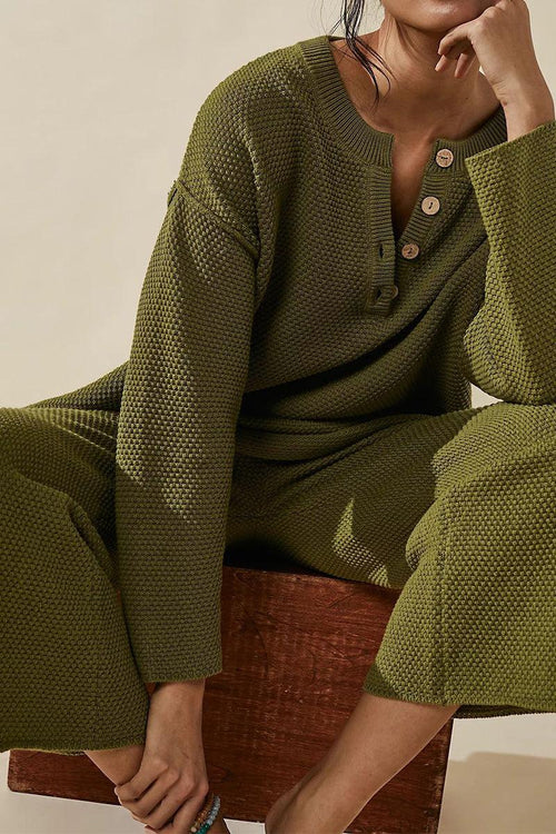 Multi-Weather Comfort two-piece oversized knit set in olive green with buttoned top and wide pants