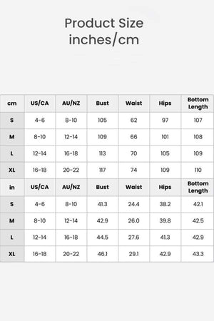 Size chart for Zip Up + Wide Leg Pants leisure two-piece co-ord in inches and centimeters showing bust, waist, hips, and bottom length for sizes S to XL