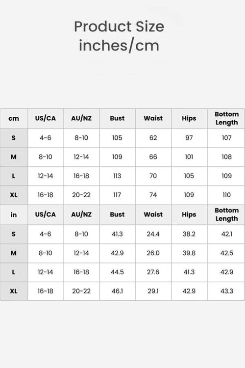 Size chart for Zip Up + Wide Leg Pants leisure two-piece co-ord in inches and centimeters showing bust, waist, hips, and bottom length for sizes S to XL