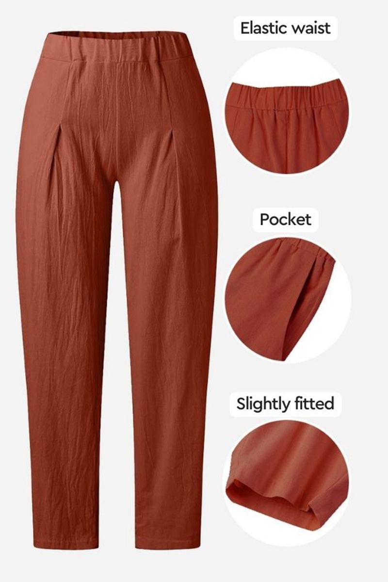 Rusty orange solid color wide leg cotton pleated pants with elastic waist and pockets