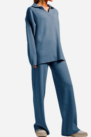 Plush & Preppy Camel Two-Piece Set in blue knitted fabric with polo collar and wide-leg pants for travel and leisure