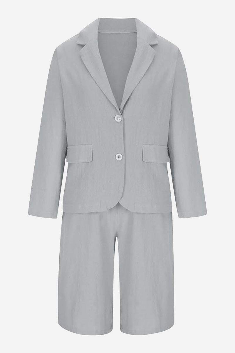 Gray blazer and high-waisted shorts two-piece set with classic collar and tailored fit