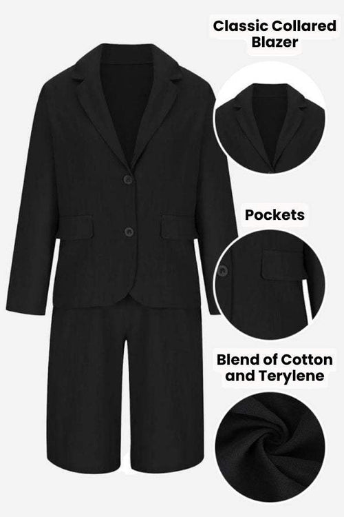 Black blazer and high-waisted shorts two-piece set made from cotton and terylene blend with classic collar and pockets