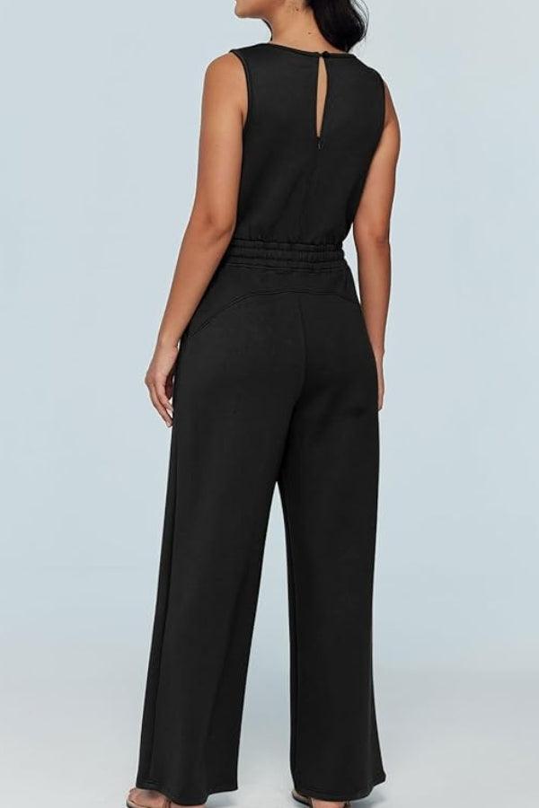 Black sleeveless wide leg pants jumpsuit with drawstring waist and keyhole back detail