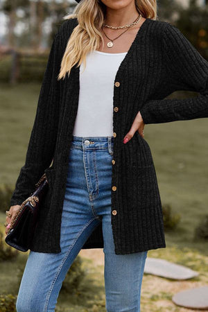 long black lightweight ultra soft knit-like cardigan with buttons and pockets worn with white top and blue jeans outdoors