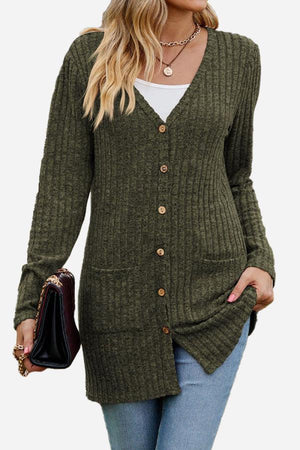 Long lightweight ultra soft knit-like cardigan with buttons and pockets in olive green
