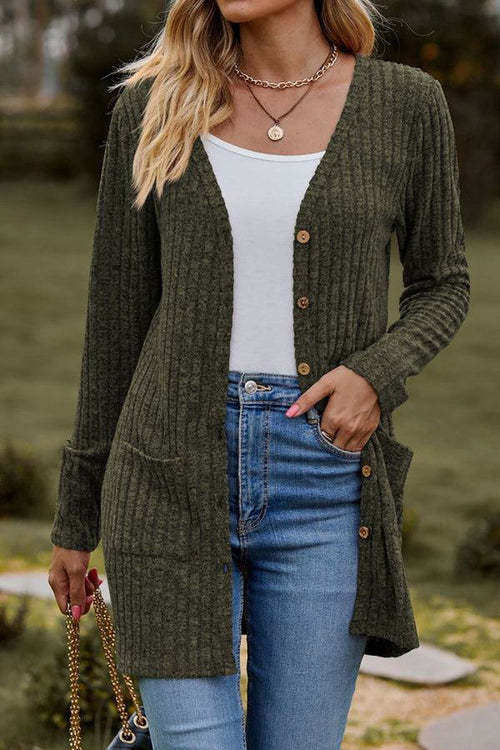 Lightweight ultra soft long knit cardigan with buttons and pockets in olive green worn with white top and blue jeans