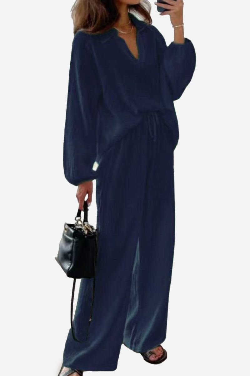 Women's navy blue 100% cotton collared two-piece set with bishop sleeves and loose fit trousers.