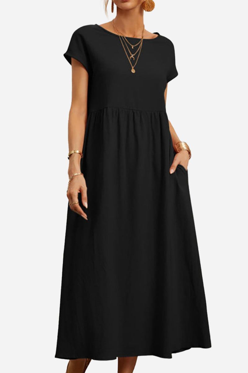 Black capped-sleeve voluminous pleated midi dress with pockets and breathable fabric