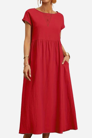 Red capped-sleeve voluminous pleated midi dress with pockets and flowing silhouette