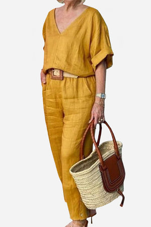 Yellow V-neck cotton two-piece trouser set with rolled sleeves and straight-leg pants for women