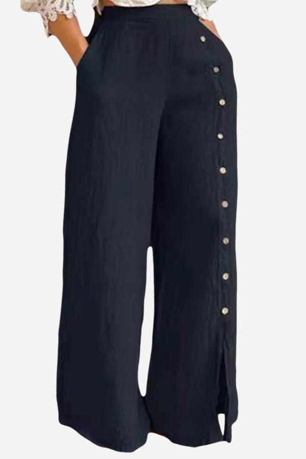 Black wide leg pants with side buttons and split seam detail, breathable cotton blend, high waist for a slim fit