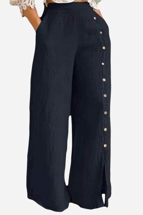 Black wide leg pants with side buttons and split seam detail, breathable cotton blend, high waist for a slim fit