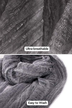 Close-up of lightweight linen scarf fabric highlighting ultra-breathable texture and easy to wash features.