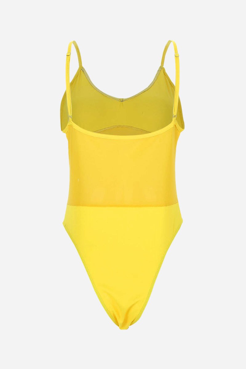 yellow mesh tan-through one piece swimsuit with adjustable straps and sleek design
