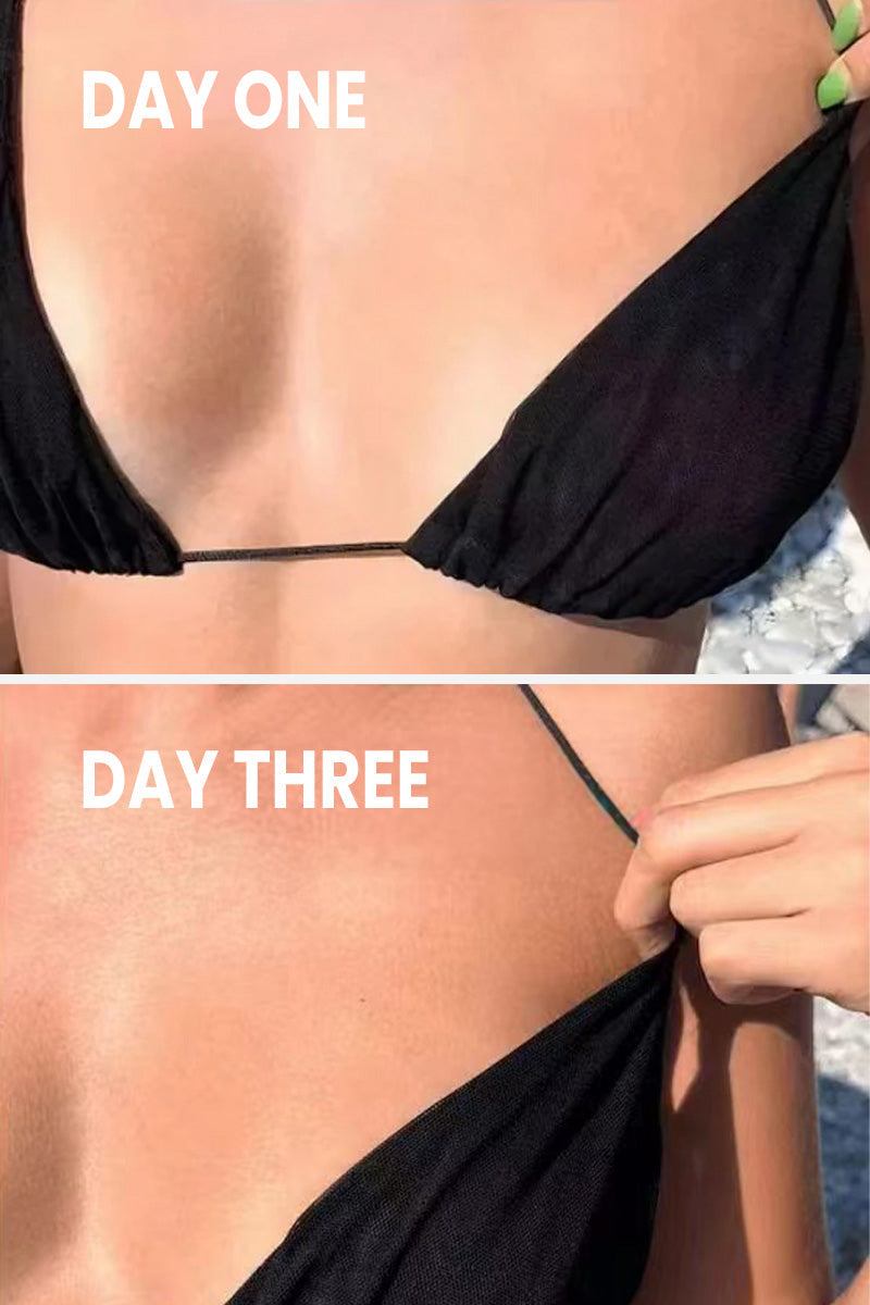 Seamless anti-tan line swimsuit showing even tan without marks after three days in black cutout one-piece design