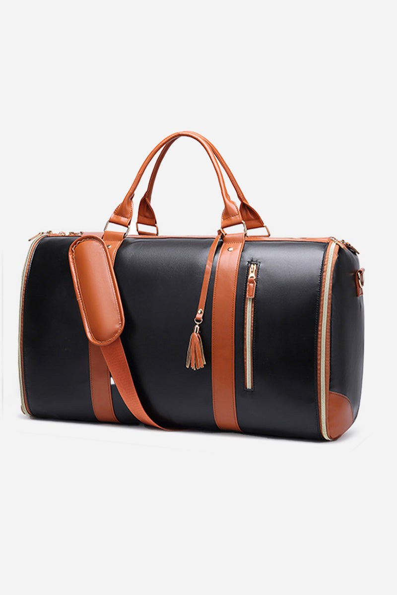 No-Wrinkle Foldable Travel Bag in black and brown waterproof PU leather, stylish and lightweight duffle and garment bag combo.