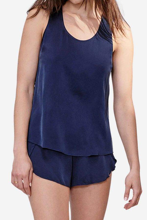 Women wearing navy Mulberry Silk Tank & Shorts Set lounge wear