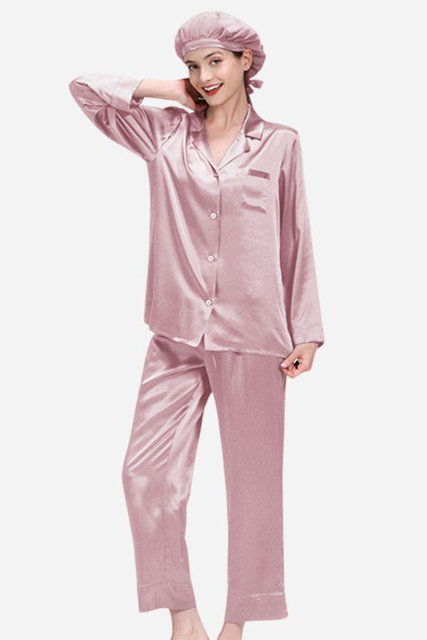 Pink classic Mulberry Silk Pajama Set with long sleeves, wide-leg pants, and matching sleep cap for elegant sleepwear.