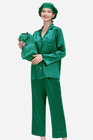 Green Mulberry Silk Pajama Set with matching sleep cap for luxury sleepwear