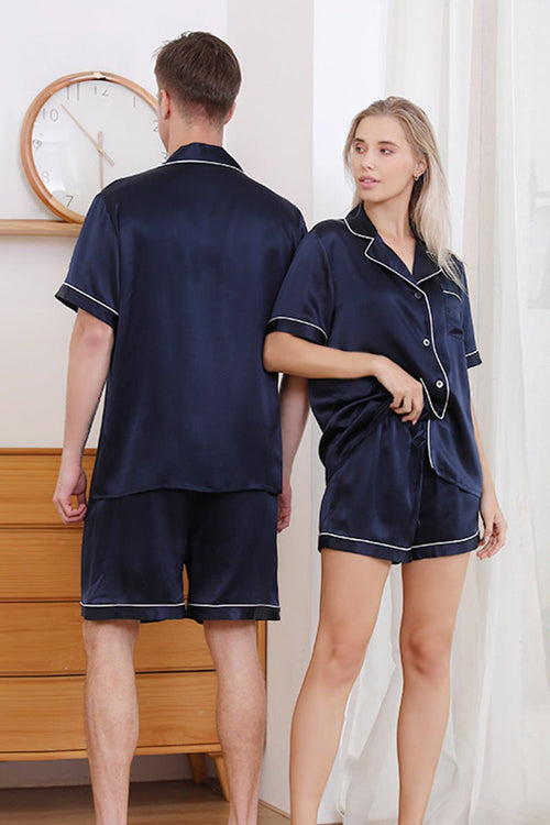 Mulberry Silk Couples Pajamas navy blue matching set short sleeves and shorts luxury sleepwear