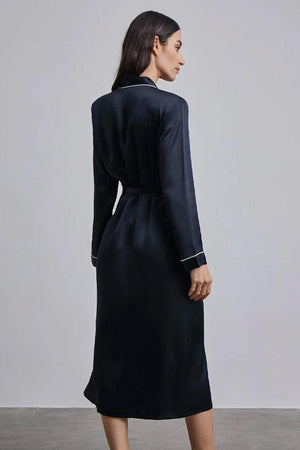 Woman wearing black Mulberry Silk Nightgown with sash belt back view