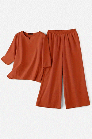 cotton casual solid color loose fit women's pants set in rust shade for everyday comfort and style