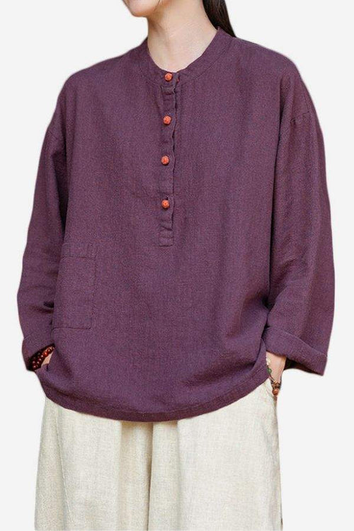 Women's one size ramie linen & cotton blouse with long sleeves and front buttons in purple tone