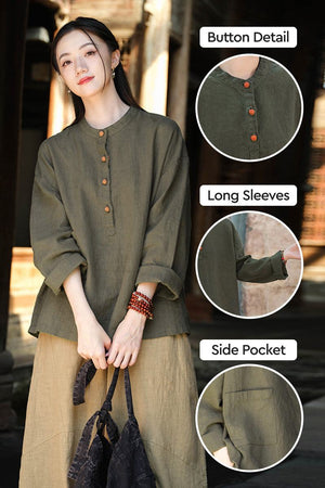 Women’s one size ramie linen & cotton blouse with button detail, long sleeves, and side pocket in olive green.