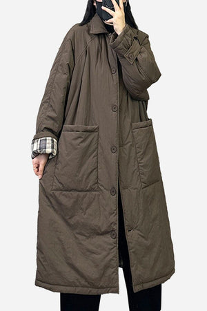 Plus size oversized windbreaker parka long brown coat with large pockets and button closure