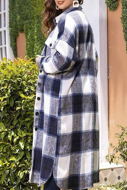 Oversized medium-length blue plaid overshirt made of wool blend, perfect for layering and casual wear