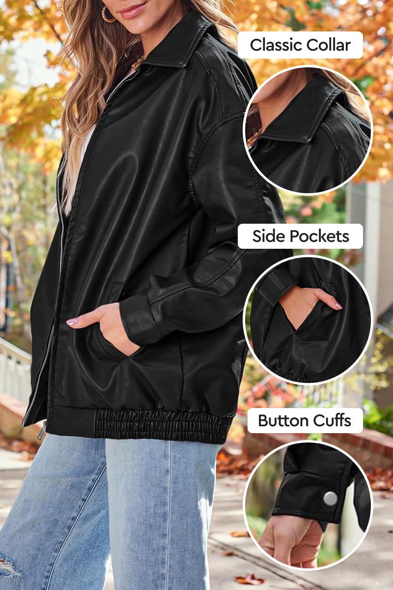 Oversized faux leather motorcycle jacket with classic collar, side pockets, and button cuffs in black.
