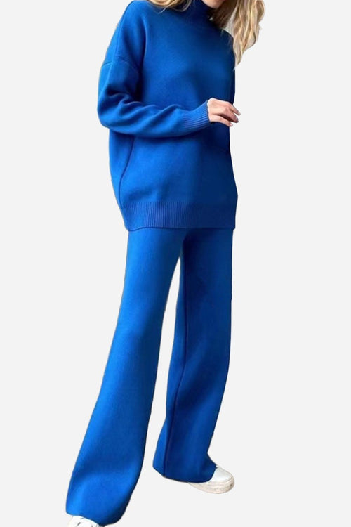 Blue knitted turtleneck two-piece set with wide-leg pants and cozy fit