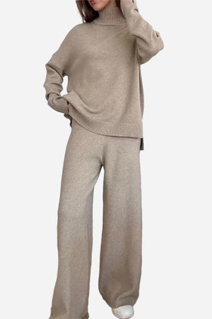Beige knitted turtleneck two-piece set with wide-leg pants and cozy sweater