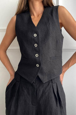 Black Eco Chic Linen Blend two-piece vest and pants set for women, breathable and wrinkle-resistant linen blend fabric, casual yet elegant summer outfit
