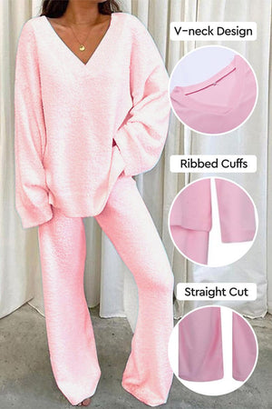 Travel-Ease Two-Piece Set pink loungewear with V-neck, ribbed cuffs, and straight cut pants for comfortable travel