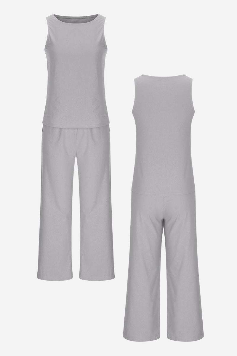 Sleek Silhouette sleeveless top and wide-leg pants coordinated set in light grey with stretch fabric and elegant fit