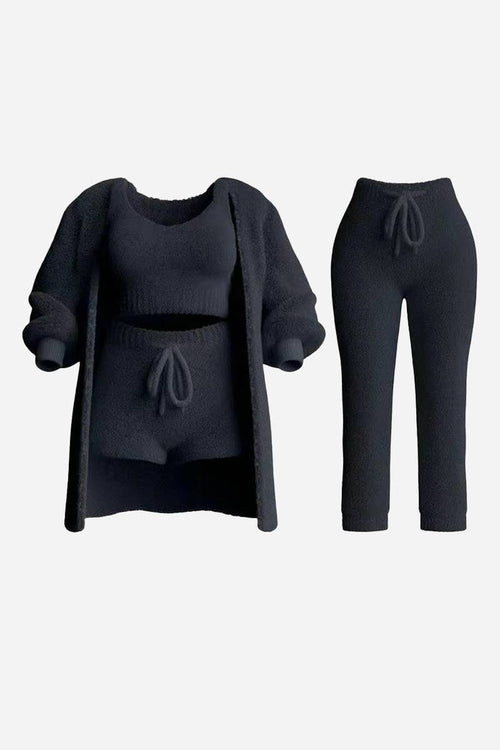 Cloud Soft 4-Piece collection black soft-touch knit set with cardigan, tank top, shorts, and pants