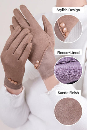 Brown SmartTouch suede gloves with fleece lining and stylish button detail