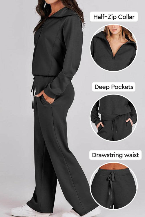 Black Loungewear Buttersoft Tracksuit Set with half-zip collar, deep pockets, and drawstring waist for comfortable, cozy fit