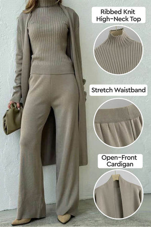 Three-piece collection featuring ribbed knit high-neck top, stretch waistband pants, and open-front cardigan in neutral tone