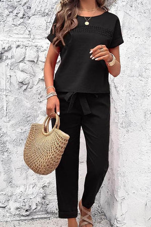 black 100 cotton total comfort two-piece travel set with short sleeves and drawstring pants for women