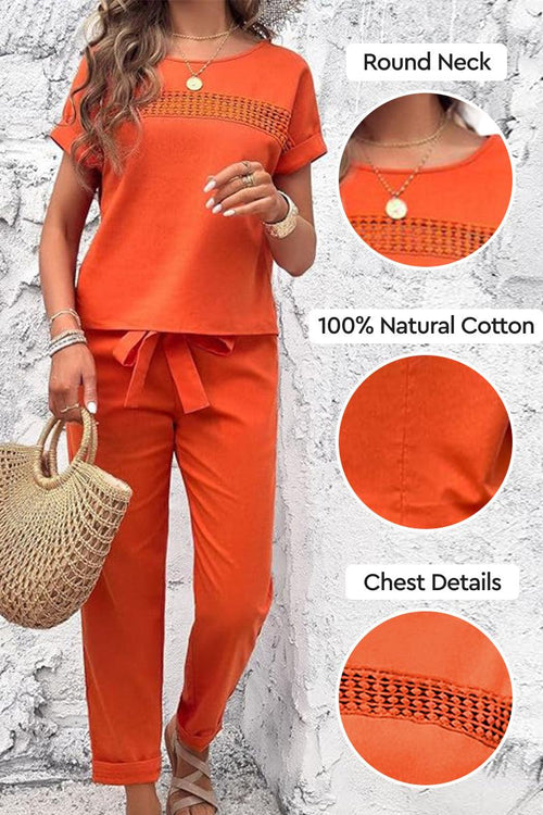 Orange 100% cotton two-piece women's comfort set with round neck and chest detail, ideal for travel and casual wear