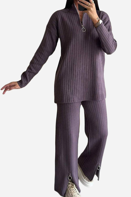 Plus-size purple ribbed knit work from home comfort set with zipper details and relaxed fit.
