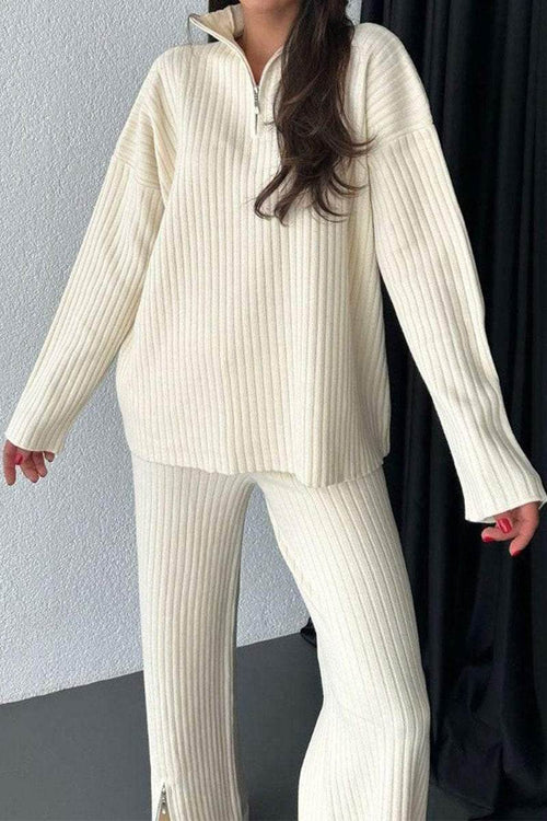 Plus-size ribbed knit work from home comfort set in cream with long sleeves and zip collar
