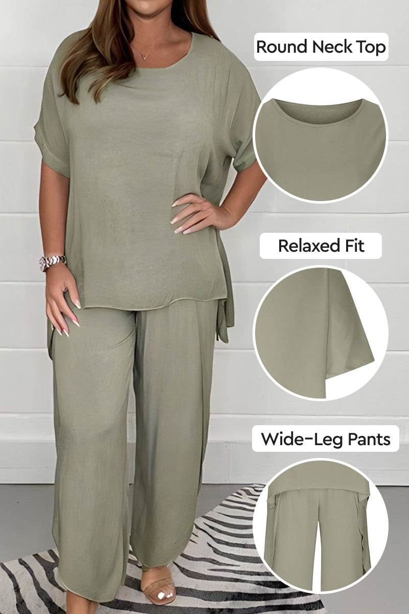 women's relaxed linen-like travel 2-piece set with round neck top and wide-leg pants in light olive color