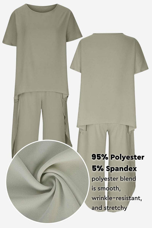 Relaxed linen-like travel 2-piece set in soft, wrinkle-resistant polyester blend with stretchy fabric for comfortable, stylish wear.